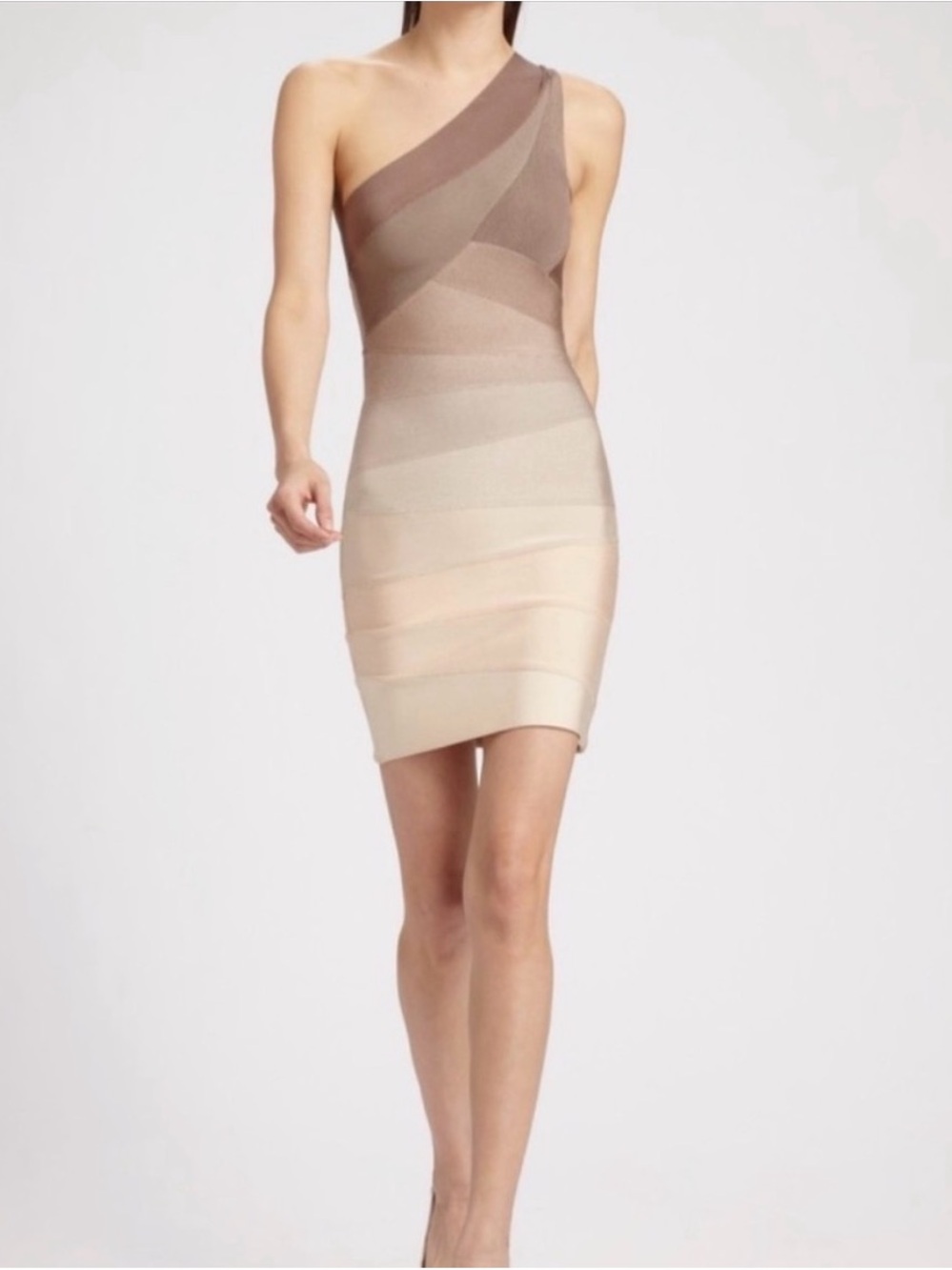 Herve Leger Alexis One-Shoulder Tan Ombre Bandage Dress